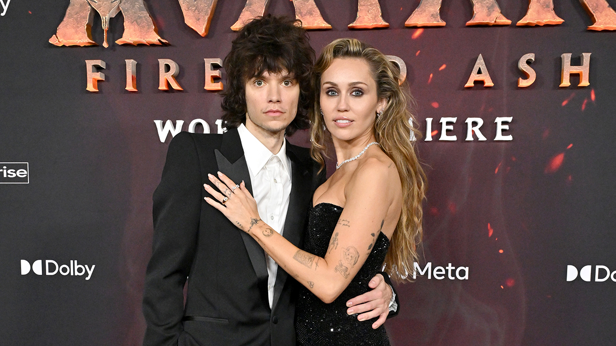 HOLLYWOOD, CALIFORNIA - DECEMBER 01: Maxx Morando and Miley Cyrus attend the Global Premiere of 20th Century Studios' "Avatar: Fire and Ash" at Dolby Theatre on December 01, 2025 in Hollywood, California. (Photo by Axelle/Bauer-Griffin/FilmMagic)